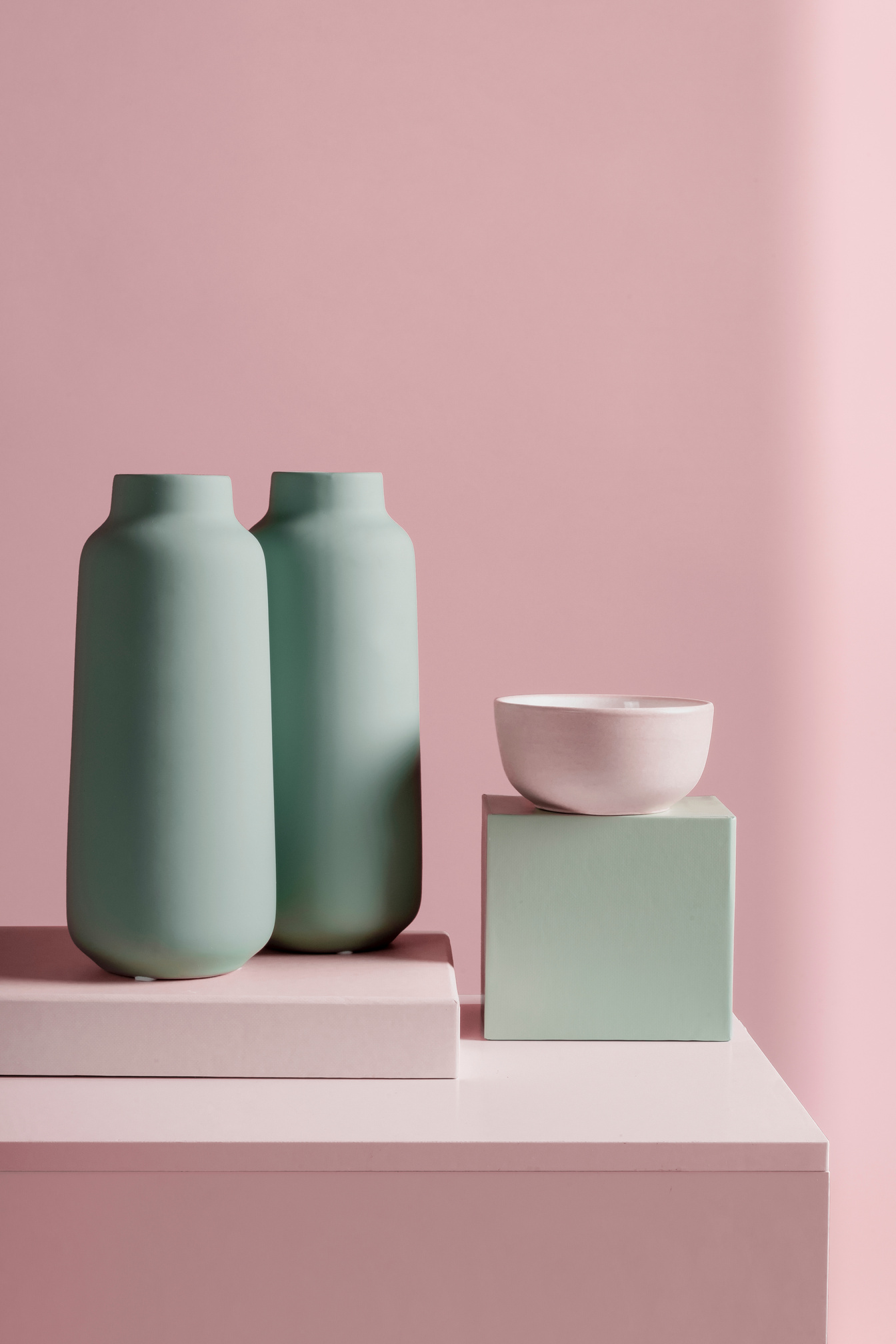 Light Green Clay Vases with Pink Bowl